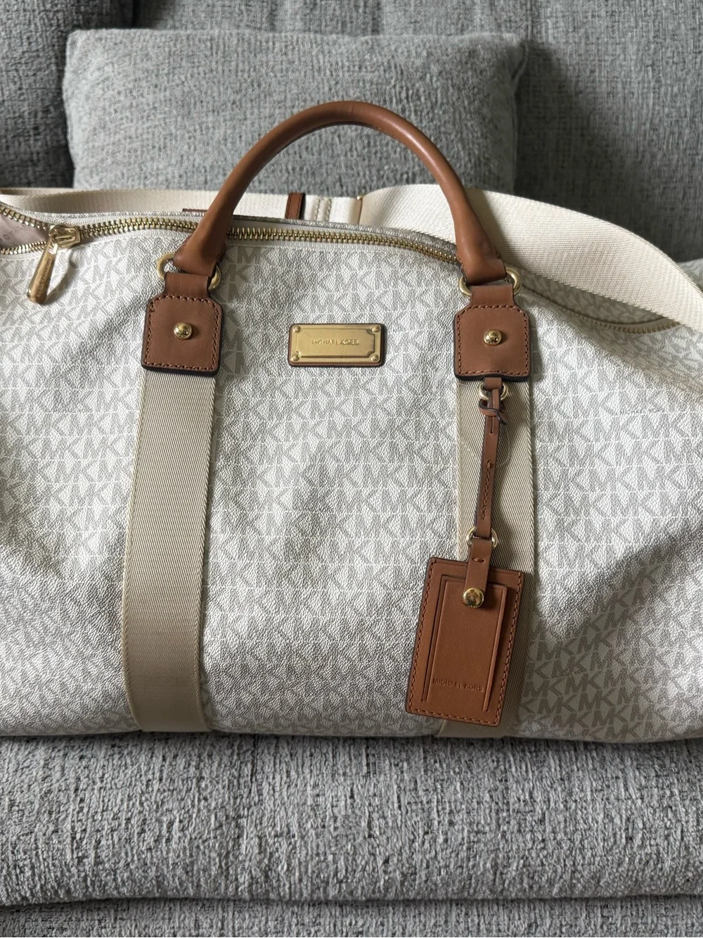 Michael Kors Cream Monogram Canvas Duffel with Brown Leather Trim
